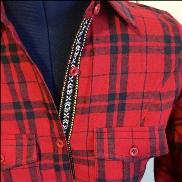 Long Sleeve Soft Red Plaid Button Down Shirt - Picture 3 of 4